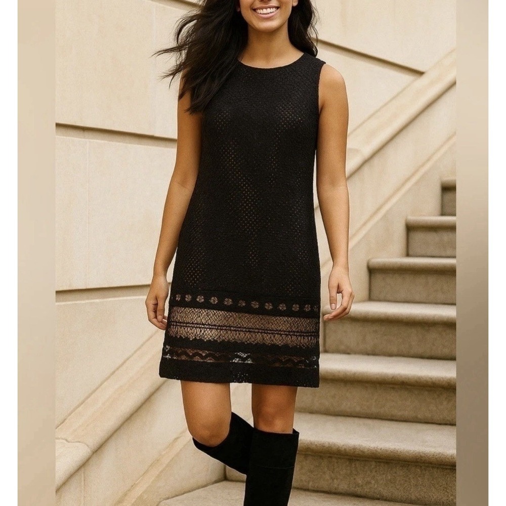 LOFT Black Tan Lace Eyelet Shift Dress Lined Sleeveless Size 18 New $89.50